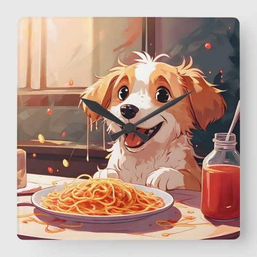 Hond eet spaghetti vierkante klok (Voorkant)