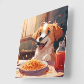 Hond eet spaghetti vierkante klok (Hoek)