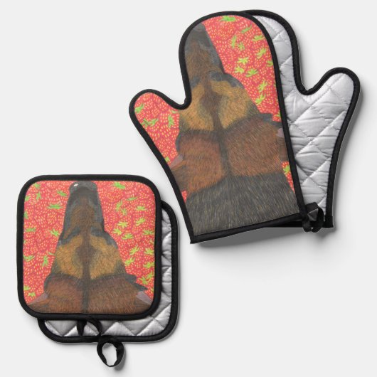 Hond en aardbei ovenwant & pannenlap set (Voorkant / Achterkant)