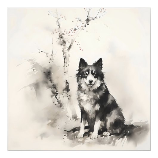 Hond en boom inkt schilderij foto afdruk (Voorkant)