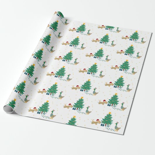Hond en Eend met Kerstboom Cadeaupapier (Uitgerold)
