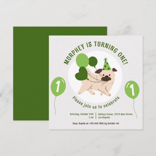 Hond en groene ballonnen Verjaardag uitnodiging (Voorkant / Achterkant)
