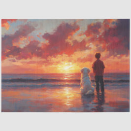 Hond en Jongen die Zonsondergang op het Strand Kij Tissuepapier