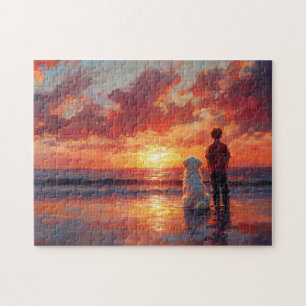 Hond en jongen kijken naar zonsondergang op het st legpuzzel
