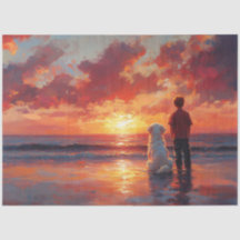 Hond en jongen kijken naar zonsondergang op het st