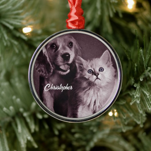 Hond en Kat, Gepersonaliseerd Opzoeken Metalen Ornament (Boom)