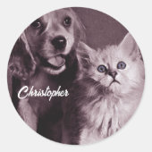 Hond en Kat, Gepersonaliseerd Opzoeken Ronde Sticker (Voorkant)