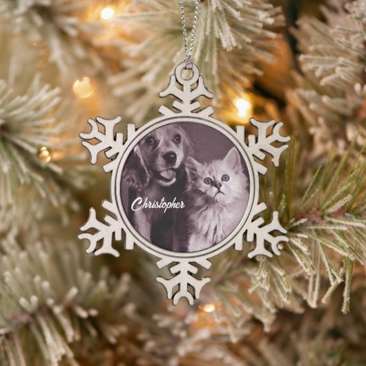 Hond en Kat, Gepersonaliseerd Opzoeken Tin Sneeuwvlok Ornament (Boom)