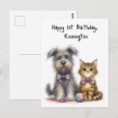 Hond en Kat Happy 1e Verjaardag Persoonlijk Briefkaart (Voorkant / Achterkant)