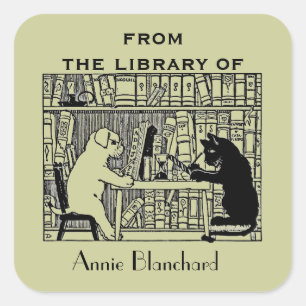 Hond en kat in de bibliotheek vierkante sticker