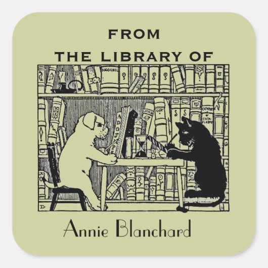 Hond en kat in de bibliotheek vierkante sticker (Voorkant)