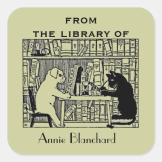 Hond en kat in de bibliotheek vierkante sticker