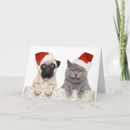Hond en kat in het Pet met rode kerst Feestdagen Kaart