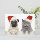 Hond en Kat in het Rode Pet van Kerstmis Feestdagenkaart (Staand voorkant)