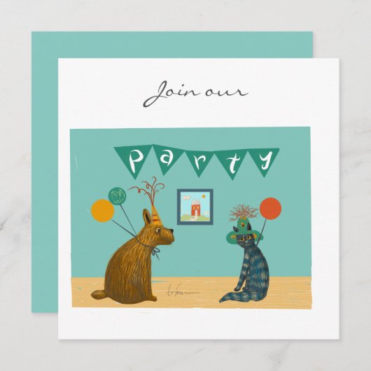 Hond en kat in petten uitnodiging (Voorkant / Achterkant)