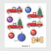 Hond en Kat Kleine Rode Truck Kerststickers Sticker (Vel)
