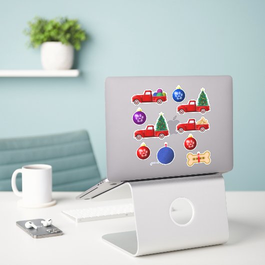 Hond en Kat Kleine Rode Truck Kerststickers Sticker (Laptop op bureau)