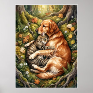 Hond En Kat Knuffelen Bos Wilde Vriendelijkheid Vl Poster