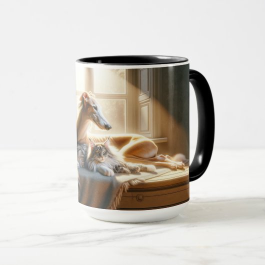 Hond en kat knuffelen. mok (Voorkant rechts)