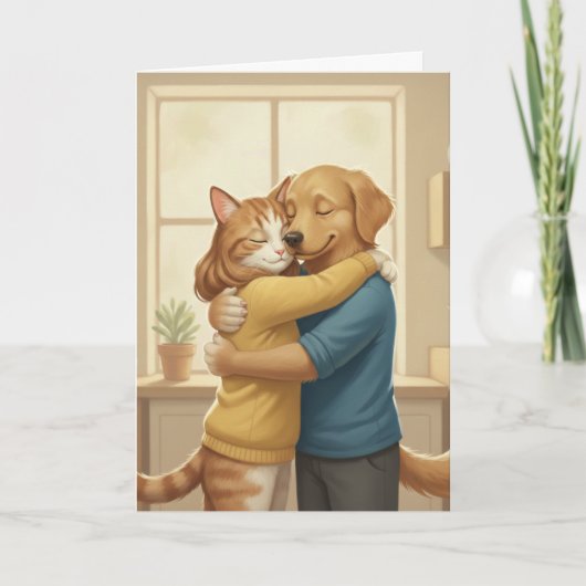 Hond en Kat Knuffelen Romantische Wenskaart Kaart (Voorkant)