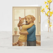 Hond en Kat Knuffelen Romantische Wenskaart Kaart (Gele Bloem)