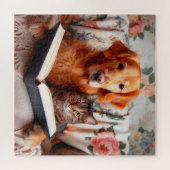 Hond en kat lezen een boek legpuzzel (Horizontaal)