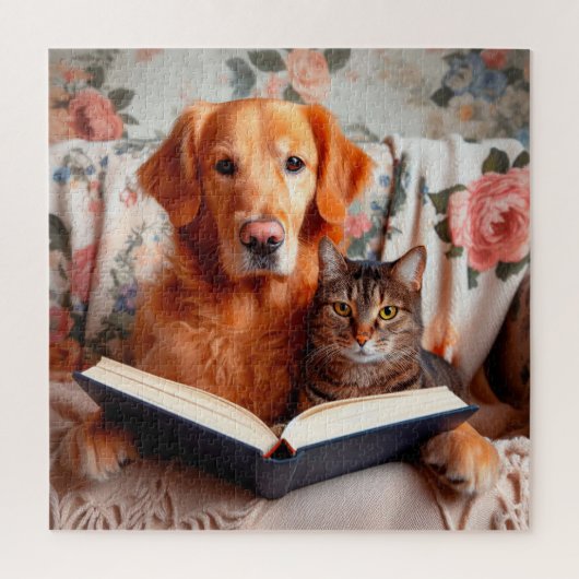 Hond en kat lezen een boek legpuzzel (Verticaal)