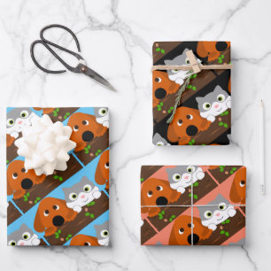 Hond en kat op tak inpakpapier vel