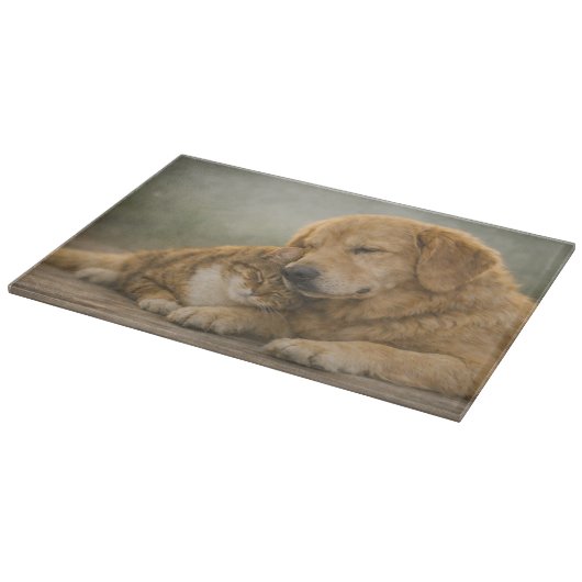 Hond en Kat Samen Rustend Snijplank van Glas (Hoek)