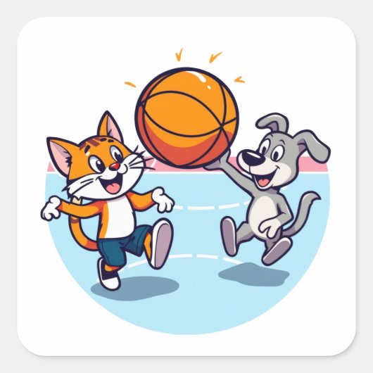 Hond en kat spelen basketbal vierkante sticker (Voorkant)