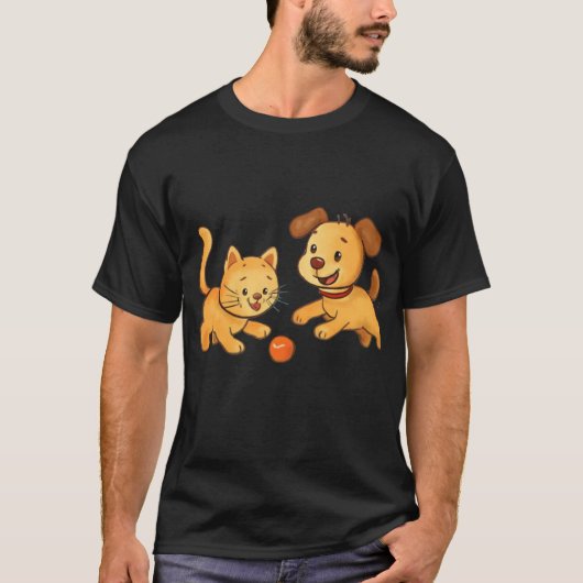 Hond en kat spelen samen bal t-shirt (Voorkant)