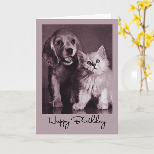 Hond en Kat Verjaardag Kaart (Gele Bloem)