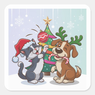 Hond en kat vieren kerstdag vierkante sticker