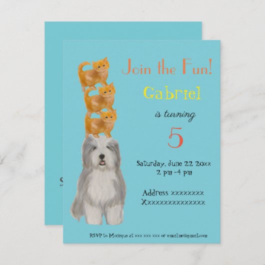 Hond en Kittens, uitnodiging voor een verjaardagsf (Voorkant / Achterkant)