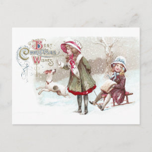 Hond en Meisje op slee Vintage Kerstmis Feestdagenkaart
