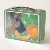 Hond en oranje metalen lunchbox (Achterkant)