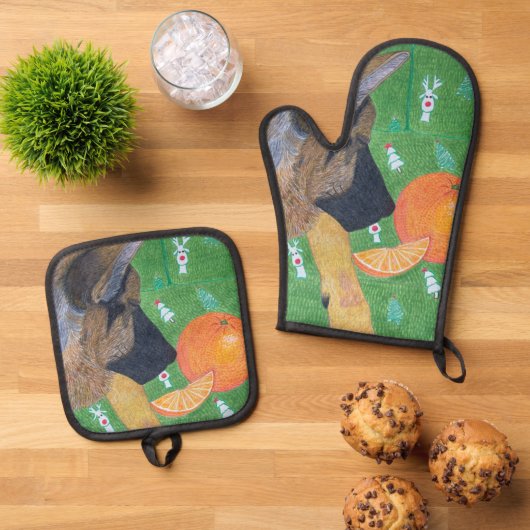 Hond en oranje ovenwant set & pannenlap set (Top down)