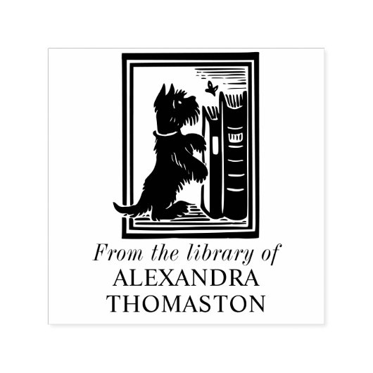 Hond en vlinder bibliotheek boek naam  zelfinktende stempel (Design)