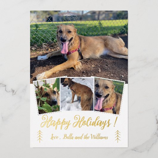 Hond Foto Collage Goud Folie Witte Vakantiekaart Folie Feestdagenkaart (Voorkant)