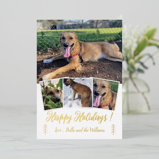 Hond Foto Collage Goud Folie Witte Vakantiekaart Folie Feestdagenkaart (Staand Voorkant)