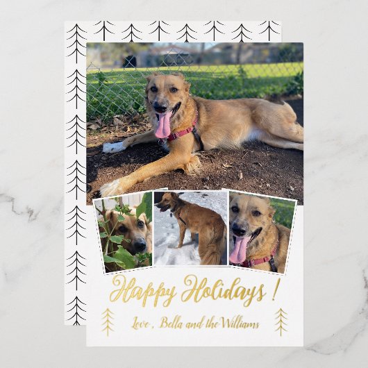 Hond Foto Collage Goud Folie Witte Vakantiekaart Folie Feestdagenkaart (Voorkant / Achterkant)
