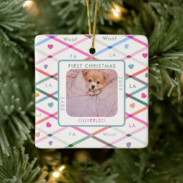 Hond Foto Eerste Kerst Woof Pastel Patroon Keramisch Ornament