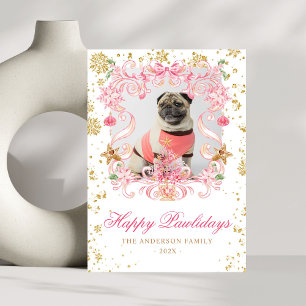 Hond Foto Happy Pawholidays Roze Bow Kerst Kreeft Feestdagenkaart