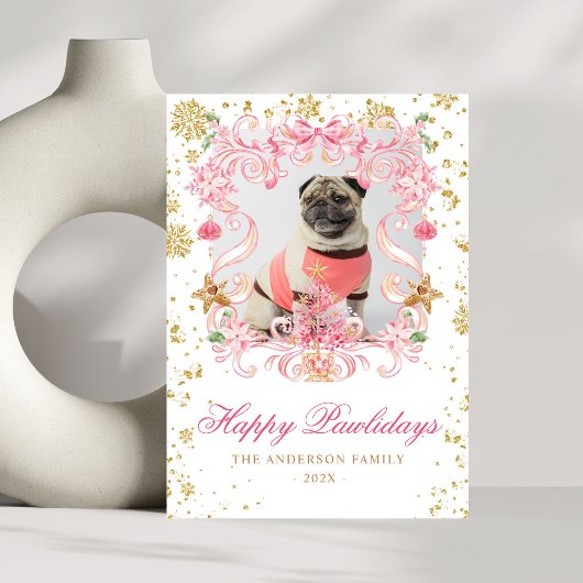 Hond Foto Happy Pawholidays Roze Bow Kerst Kreeft Feestdagenkaart
