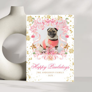 Hond Foto Happy Pawholidays Roze Bow Kerst Kreeft Feestdagenkaart