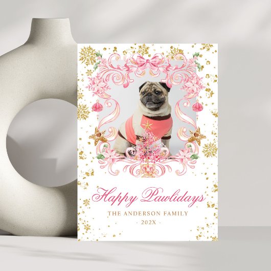 Hond Foto Happy Pawholidays Roze Bow Kerst Kreeft Feestdagenkaart