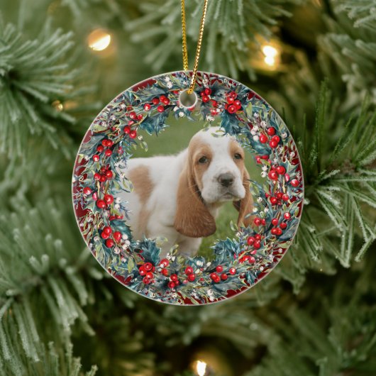 Hond Foto Huisdier Kerstmis cute  Xmas krans aange Keramisch Ornament (Boom)