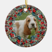 Hond Foto Huisdier Kerstmis cute  Xmas krans aange Keramisch Ornament (Voorkant)