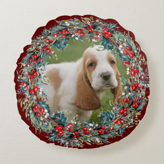 Hond Foto Huisdier Kerstmis leuk Kerstkrans op maa Rond Kussen (Voorkant)