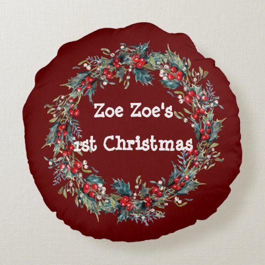 Hond Foto Huisdier Kerstmis leuk Kerstkrans op maa Rond Kussen (Achterkant)